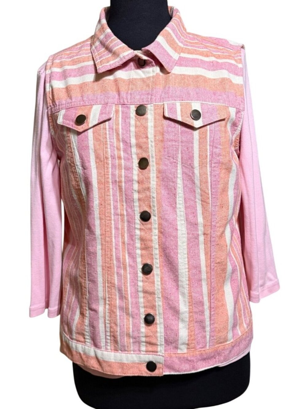 Artistic Works Sleeveless Stripes Vest w/3/4 Sleeve Pink Top Women Size M/L-READ